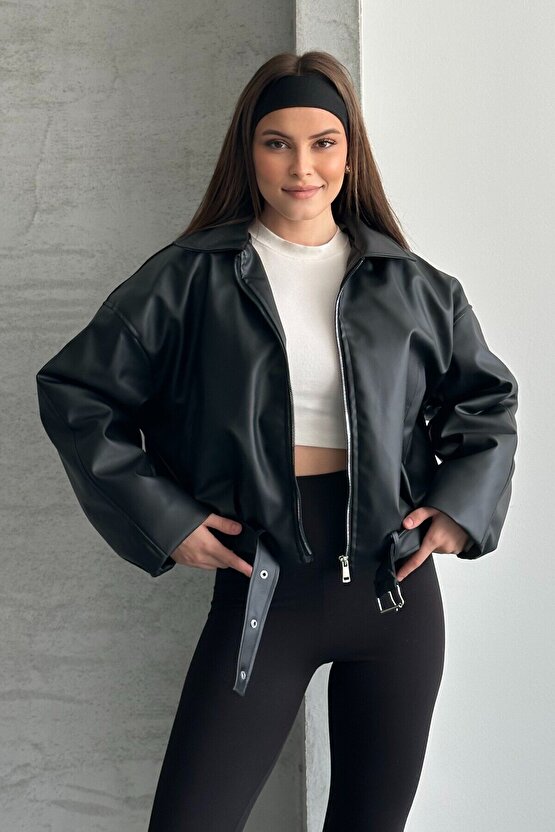 Kadın İçi Kürklü Oversize Deri Mont - Peluş Astarlı Biker Deri Ceket