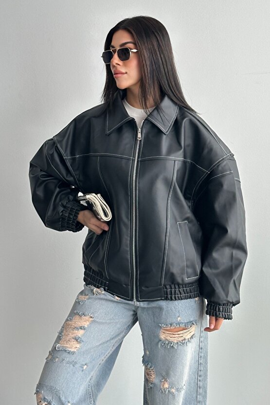Kadın Vintage Oversize Siyah Deri Ceket - Bomber Kontrast Detaylı Biker Mont