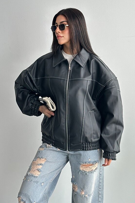 Kadın Vintage Oversize Siyah Deri Ceket - Bomber Kontrast Detaylı Biker Mont