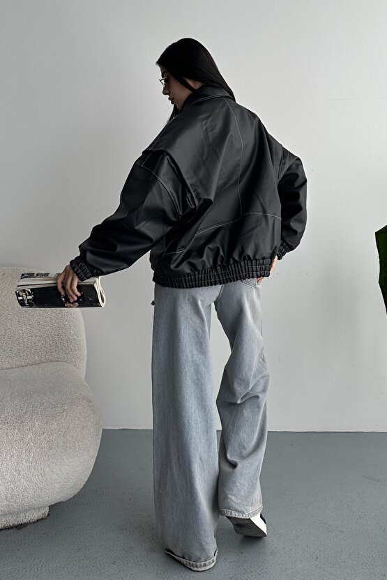 Kadın Vintage Oversize Siyah Deri Ceket - Bomber Kontrast Detaylı Biker Mont