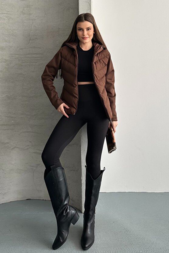 Kadın Kahverengi Kapüşonlu Termal Şişme Mont - Yeni Sezon Range Rover Mom ZR Stil Mont