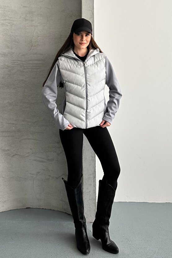Kadın Kapüşonlu Şişme Mont - Su Geçirmez Basic Günlük Kontrast Gri Ceket