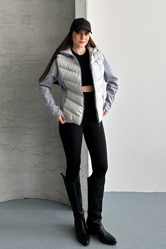 Kadın Kapüşonlu Şişme Mont - Su Geçirmez Basic Günlük Kontrast Gri Ceket