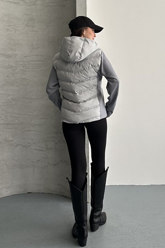 Kadın Kapüşonlu Şişme Mont - Su Geçirmez Basic Günlük Kontrast Gri Ceket