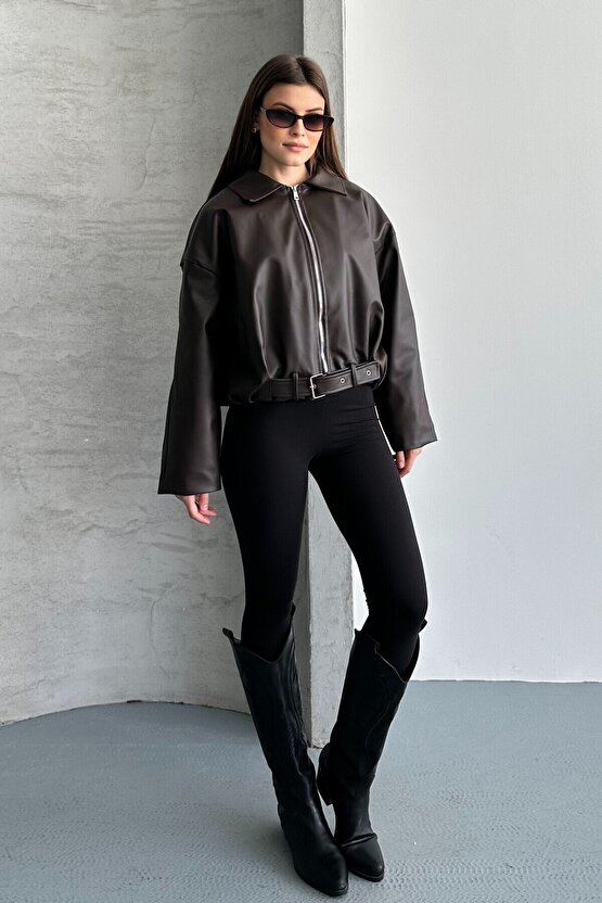 Kadın İçi Kürklü Suni Deri Ceket - Oversize İçi Peluş Astarlı Premium Biker Mont