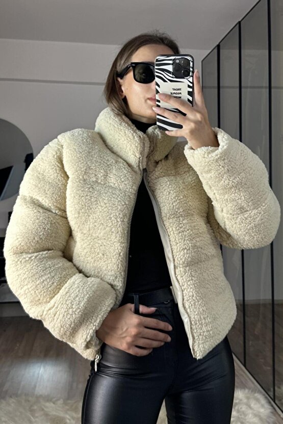 Kadın Oversize Peluş Kürk Mont Ekru - Teddy Şişme Sherpa Kaban
