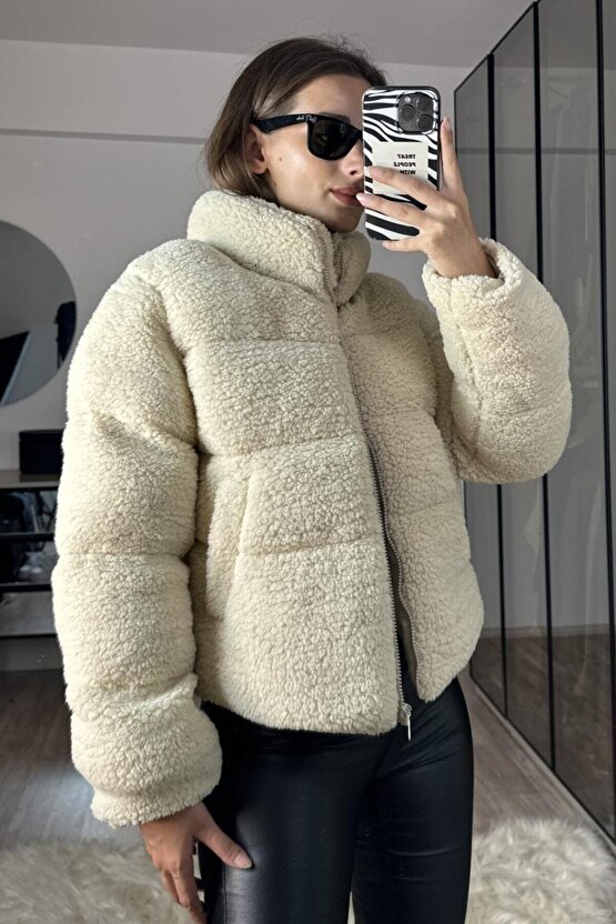 Kadın Oversize Peluş Kürk Mont Ekru - Teddy Şişme Sherpa Kaban