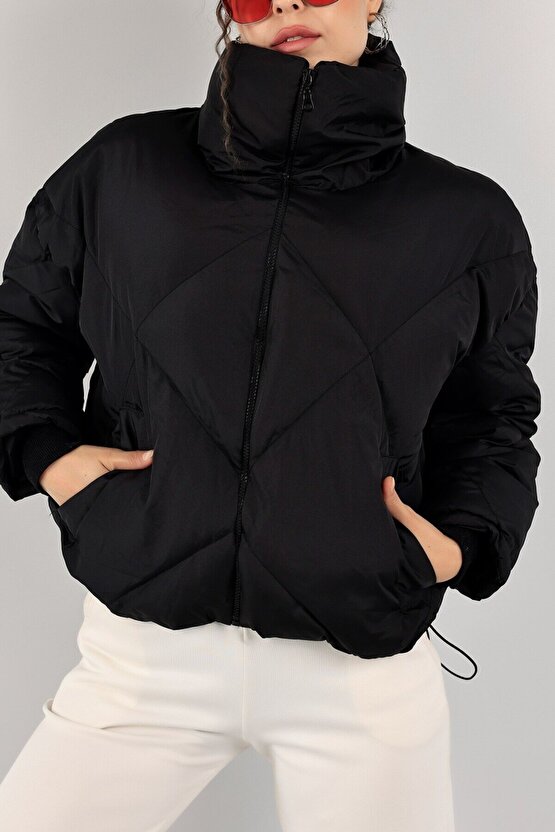 Kadın Siyah Şişme Mont Yüksek Yaka - Oversize Kalın Dolgulu Kışlık