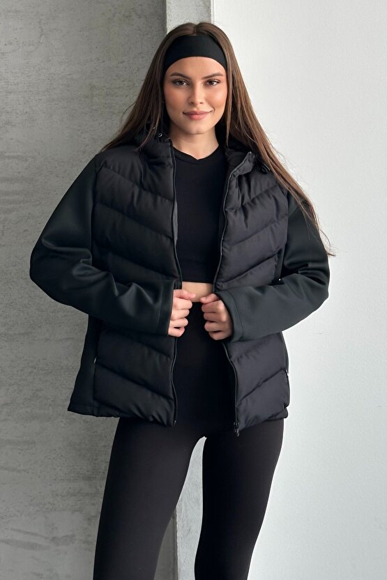 Kadın Siyah Kapüşonlu Termal Şişme Mont - ZR Range Rover Mom Kontrast Ceket