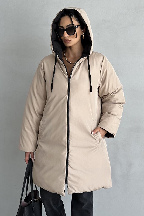 Kadın Çift Taraflı Giyilebilir Kapüşonlu Oversize Şişme Mont – Su Geçirmez, Kışlık