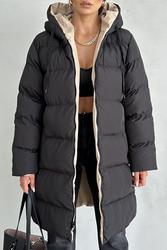 Kadın Çift Taraflı Giyilebilir Kapüşonlu Oversize Şişme Mont – Su Geçirmez, Kışlık