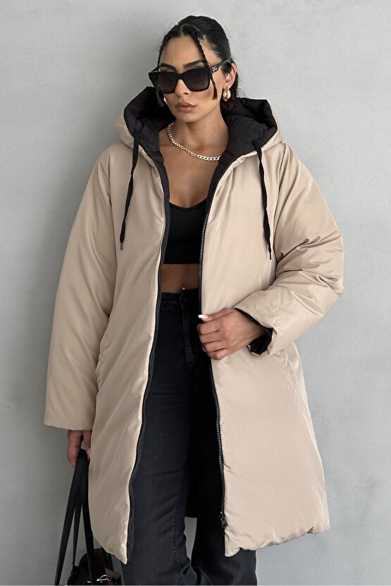 Kadın Çift Taraflı Giyilebilir Kapüşonlu Oversize Şişme Mont – Su Geçirmez, Kışlık