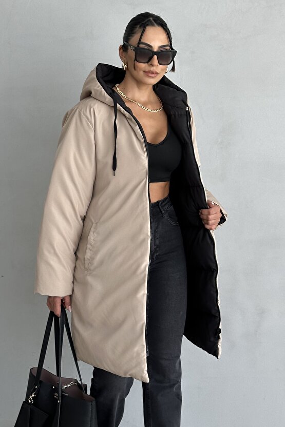 Kadın Çift Taraflı Giyilebilir Kapüşonlu Oversize Şişme Mont – Su Geçirmez, Kışlık