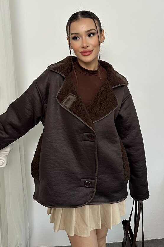 Kadın İçi Peluş Kürklü Oversize Suni Deri Mont - Else Lamine Süet Ceket