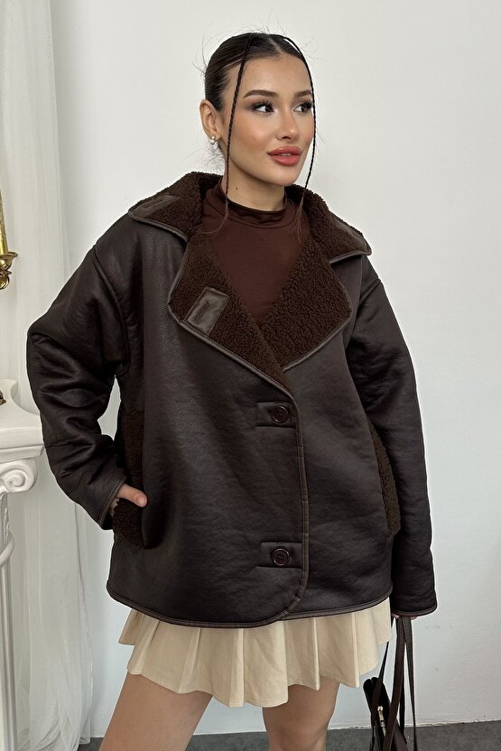 Kadın İçi Peluş Kürklü Oversize Suni Deri Mont - Else Lamine Süet Ceket