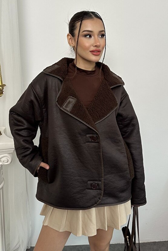 Kadın İçi Peluş Kürklü Oversize Suni Deri Mont - Else Lamine Süet Ceket