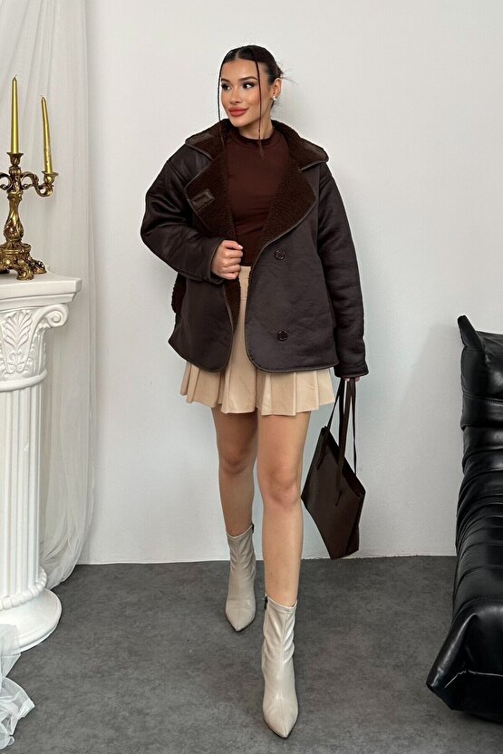 Kadın İçi Peluş Kürklü Oversize Suni Deri Mont - Else Lamine Süet Ceket