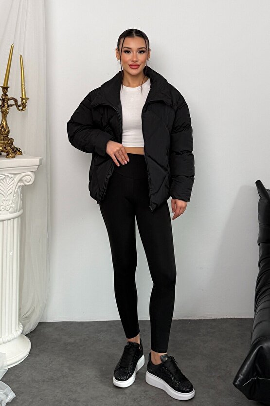 Kadın Siyah Oversize Şişme Mont - Yüksek Yaka, Baklava Desenli