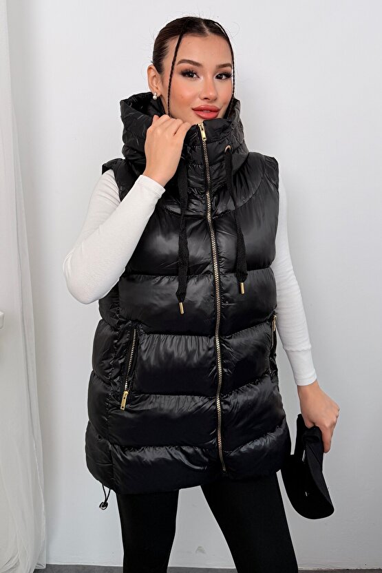 Kadın Uzun Siyah Kapüşonlu Şişme Yelek – Astronot Yaka, Su Geçirmez, Oversize