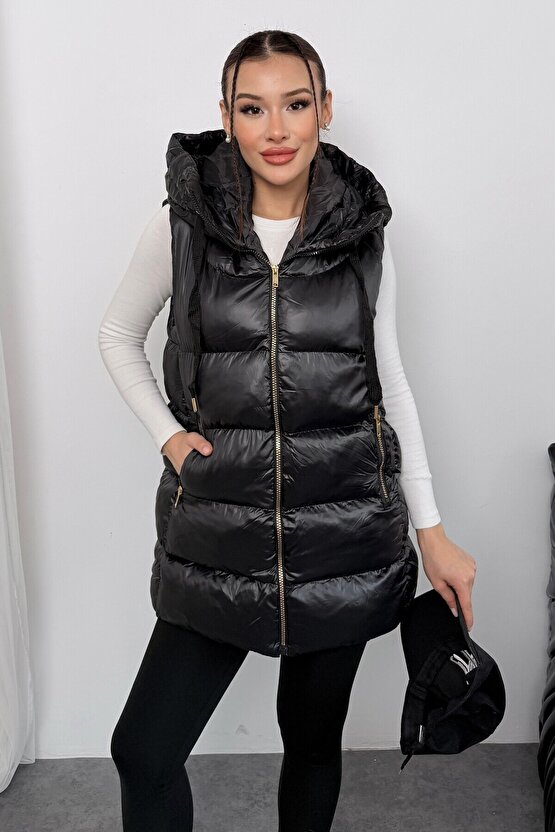 Kadın Uzun Siyah Kapüşonlu Şişme Yelek – Astronot Yaka, Su Geçirmez, Oversize