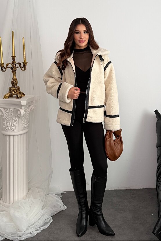 Kadın Deri Detaylı Oversize Peluş Mont - Premium Tasarım Biker Teddy Kaban Ceket