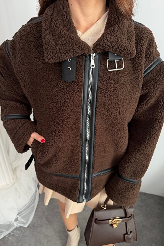 Kadın Deri Detaylı Oversize Peluş Mont - Premium Tasarım Biker Teddy Kaban Ceket