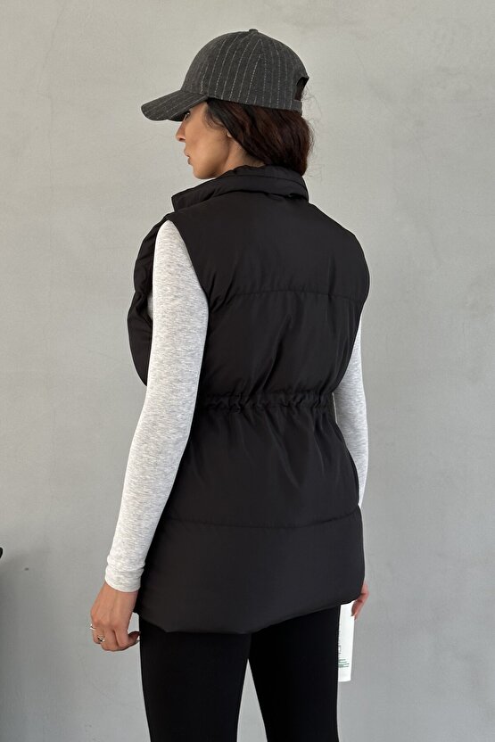 Kadın Siyah Şişme Yelek - Kapüşonsuz Uzun Fermuarlı Cepli Kışlık Spor Şişme Mont Yelek