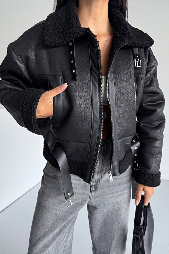 Kadın Kürk Astarlı Siyah Suni Deri Mont - Kışlık Oversize İçi Peluş Biker Ceket