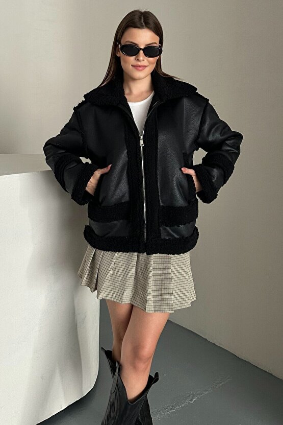 Kadın Kürklü Deri Mont - Oversize Suni Deri Kaban - Shearling İçi Peluş Ceket (Kahverengi  Siyah)