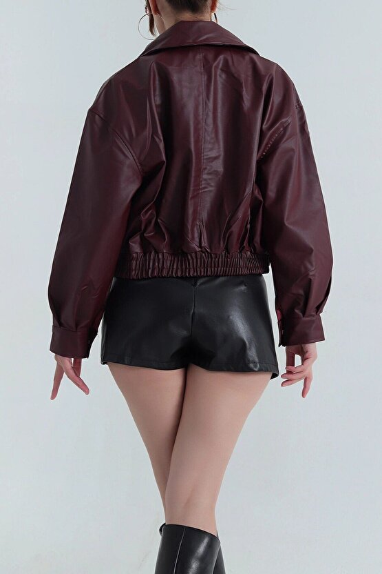 Kadın Deri Bomber Ceket - Yeni Sezon Oversize Crop Suni Deri Mont (Siyah  Kahverengi  Bordo)