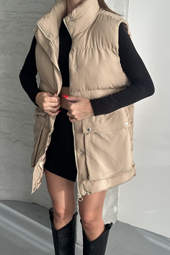 Kadın Şişme Yelek - Cepli Fermuarlı Günlük Şişme Yelek