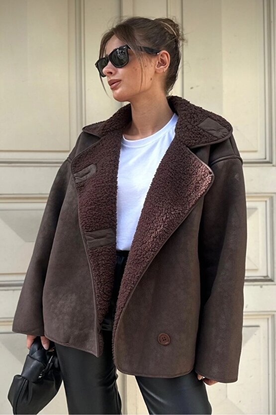 Kadın İçi Kürklü Oversize Süet Deri Mont - Peluş Astarlı Kışlık Ceket