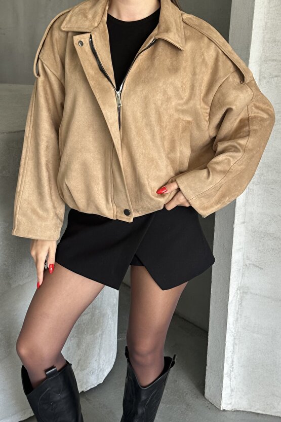 Kadın Oversize Süet Bomber Ceket - Yeni Sezon Deri Trend Ceket