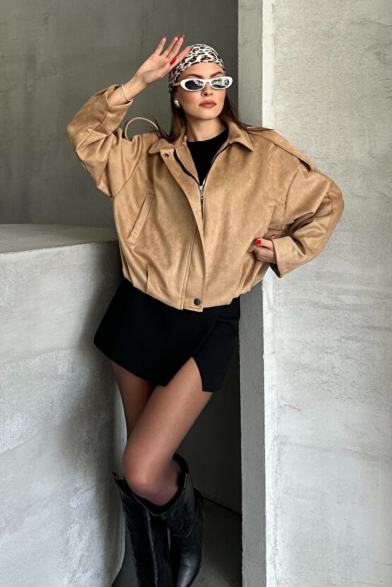 Kadın Oversize Süet Bomber Ceket - Yeni Sezon Deri Trend Ceket