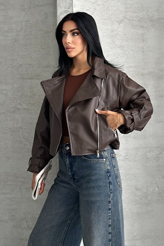 Suni Deri Balon Kol Biker Ceket