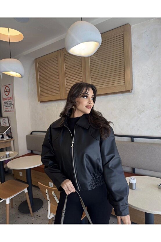 Deri Bomber Deri Ceket siyah
