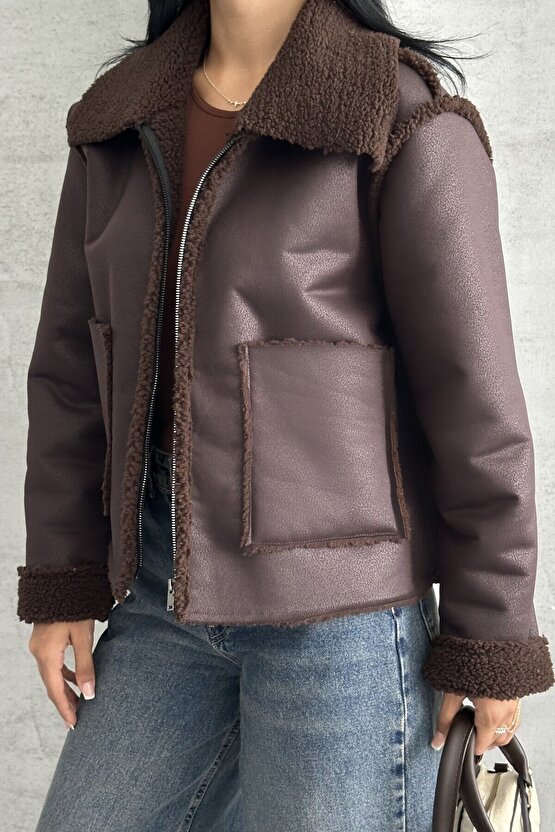 Kadın Çift Cepli İçi Suni Kürklü Suni Deri Biker Mont
