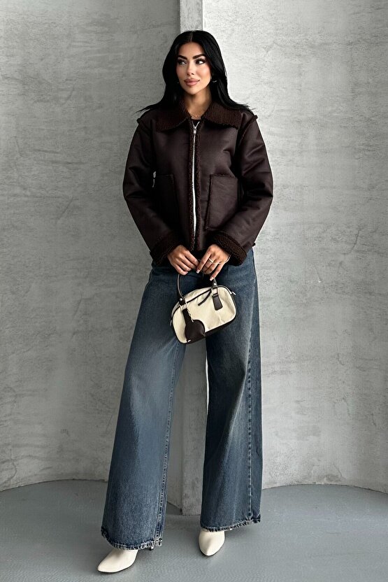 Kadın Çift Cepli İçi Suni Kürklü Suni Deri Biker Mont