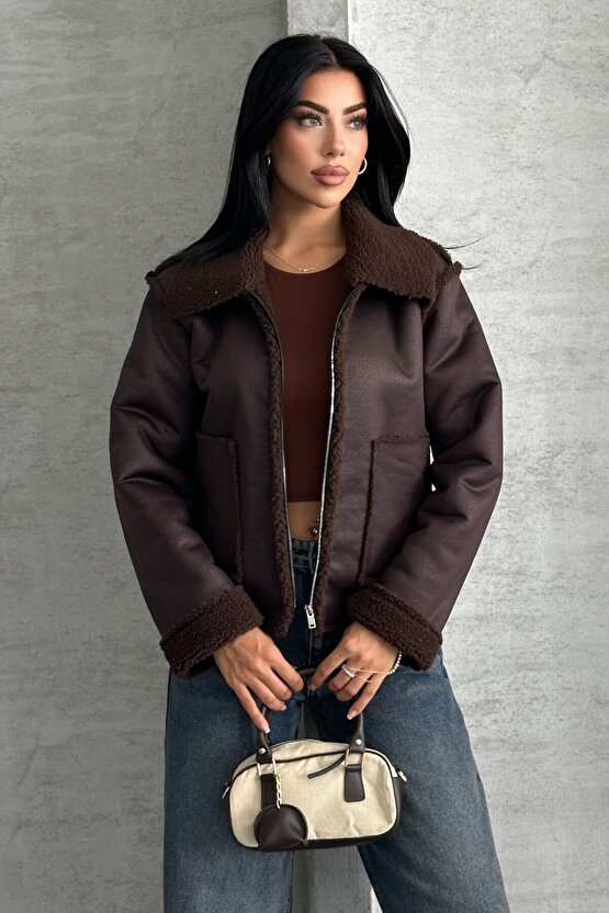 Kadın Çift Cepli İçi Suni Kürklü Suni Deri Biker Mont