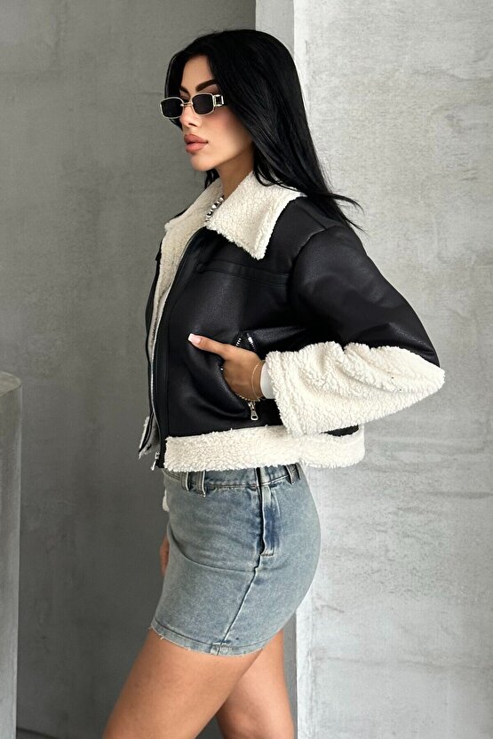Kadın Peluş Detaylı Crop Biker Suni Deri Mont