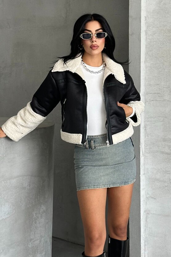 Kadın Peluş Detaylı Crop Biker Suni Deri Mont