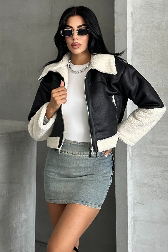 Kadın Peluş Detaylı Crop Biker Suni Deri Mont