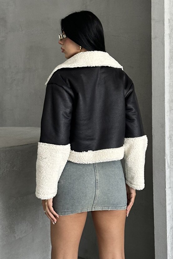 Kadın Peluş Detaylı Crop Biker Suni Deri Mont