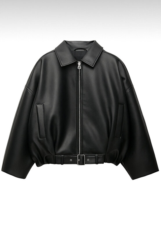 Kadın Oversize Bomber Suni Deri Ceket | Yeni Sezon Kemerli Biker Ceket