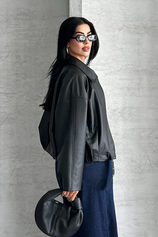 Kadın Oversize Bomber Suni Deri Ceket | Yeni Sezon Kemerli Biker Ceket