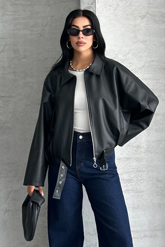 Kadın Oversize Bomber Suni Deri Ceket | Yeni Sezon Kemerli Biker Ceket