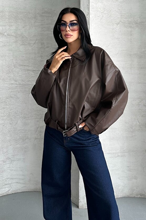 Kadın Oversize Bomber Suni Deri Ceket | Yeni Sezon Kemerli Biker Ceket