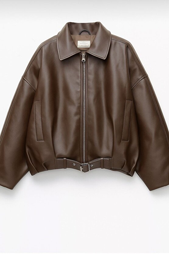 Kadın Oversize Bomber Suni Deri Ceket | Yeni Sezon Kemerli Biker Ceket
