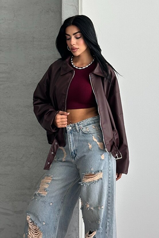 Kadın Oversize Bomber Suni Deri Ceket | Yeni Sezon Kemerli Biker Ceket