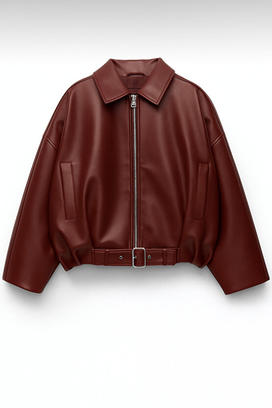 Kadın Oversize Bomber Suni Deri Ceket | Yeni Sezon Kemerli Biker Ceket